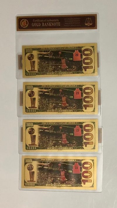 零元拍：乔丹篮球之神24K真金(镀金)面值$100美元美钞金面纪念品GOLDBANKNOTE带钱币封装膜认证 生涯一套球衣选图 全套4张一起拍！