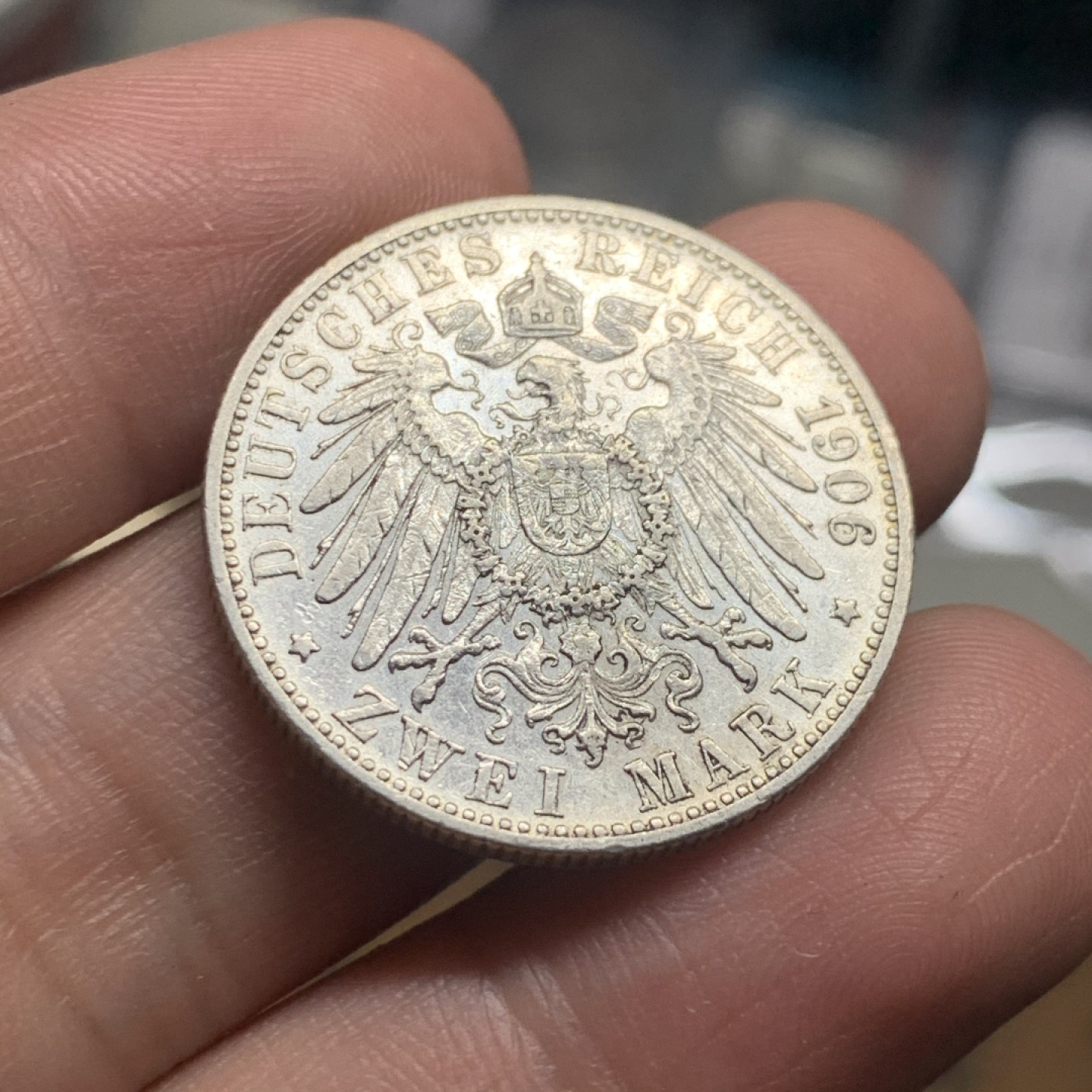 《竞宝斋》第51场-本周日，周一2场连拍（全场不限金额包邮） 德国符腾堡 1906年 威廉二世大胡子 2马克 银币 带光好品 少见