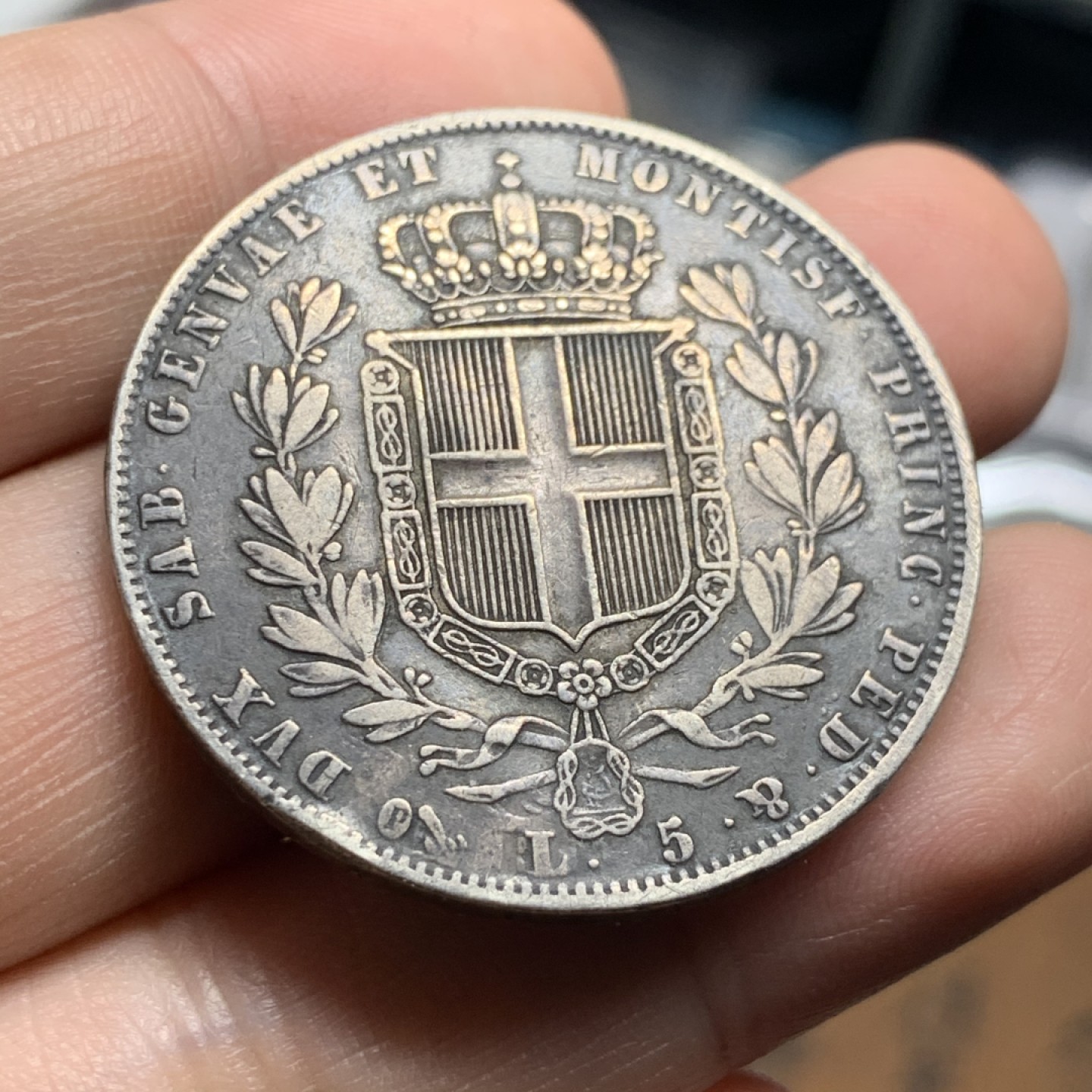 《竞宝斋》第51场-本周日，周一2场连拍（全场不限金额包邮） 意大利萨丁岛1844-P年5里拉大银币 黑包浆 一流的味道