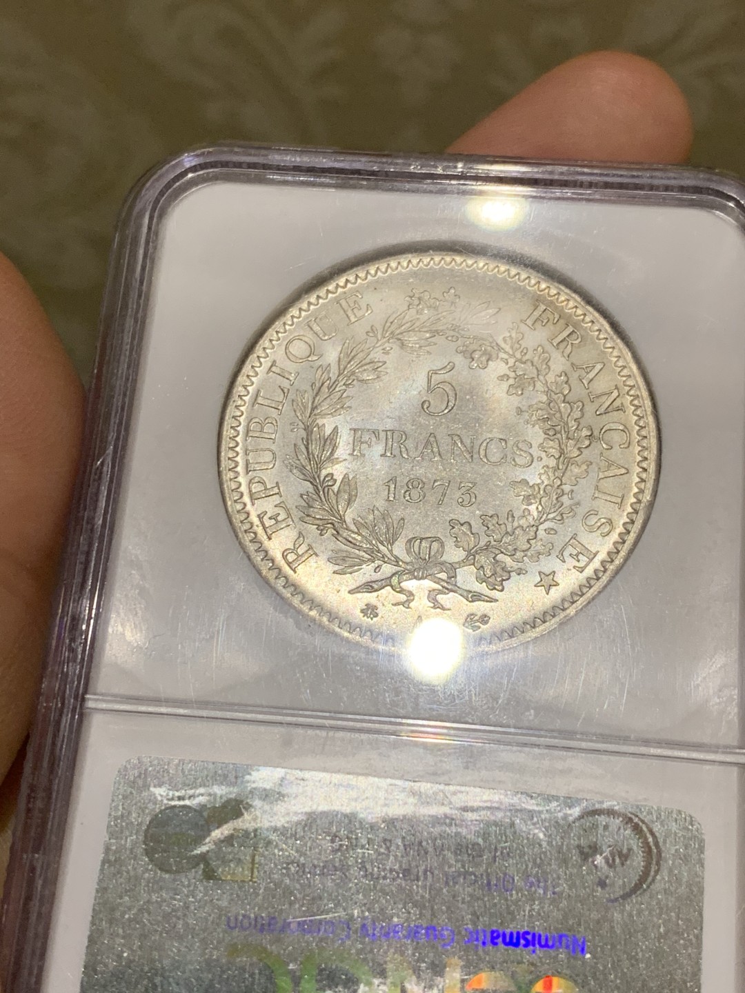 《竞宝斋》第51场-本周日，周一2场连拍（全场不限金额包邮） NGC-MS64 法国 1873年 大力神5法郎 银币 老盒严评 白净如霜