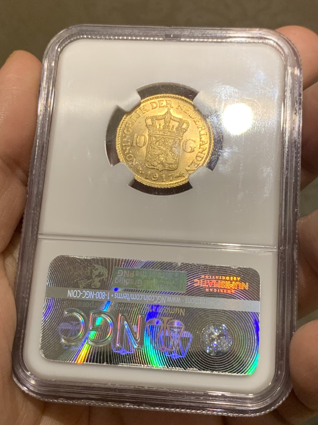 《竞宝斋》第51场-本周日，周一2场连拍（全场不限金额包邮） NGC-MS63 荷兰 1917年 10盾 威廉敏娜女王 金币 6.72克，含金量90%