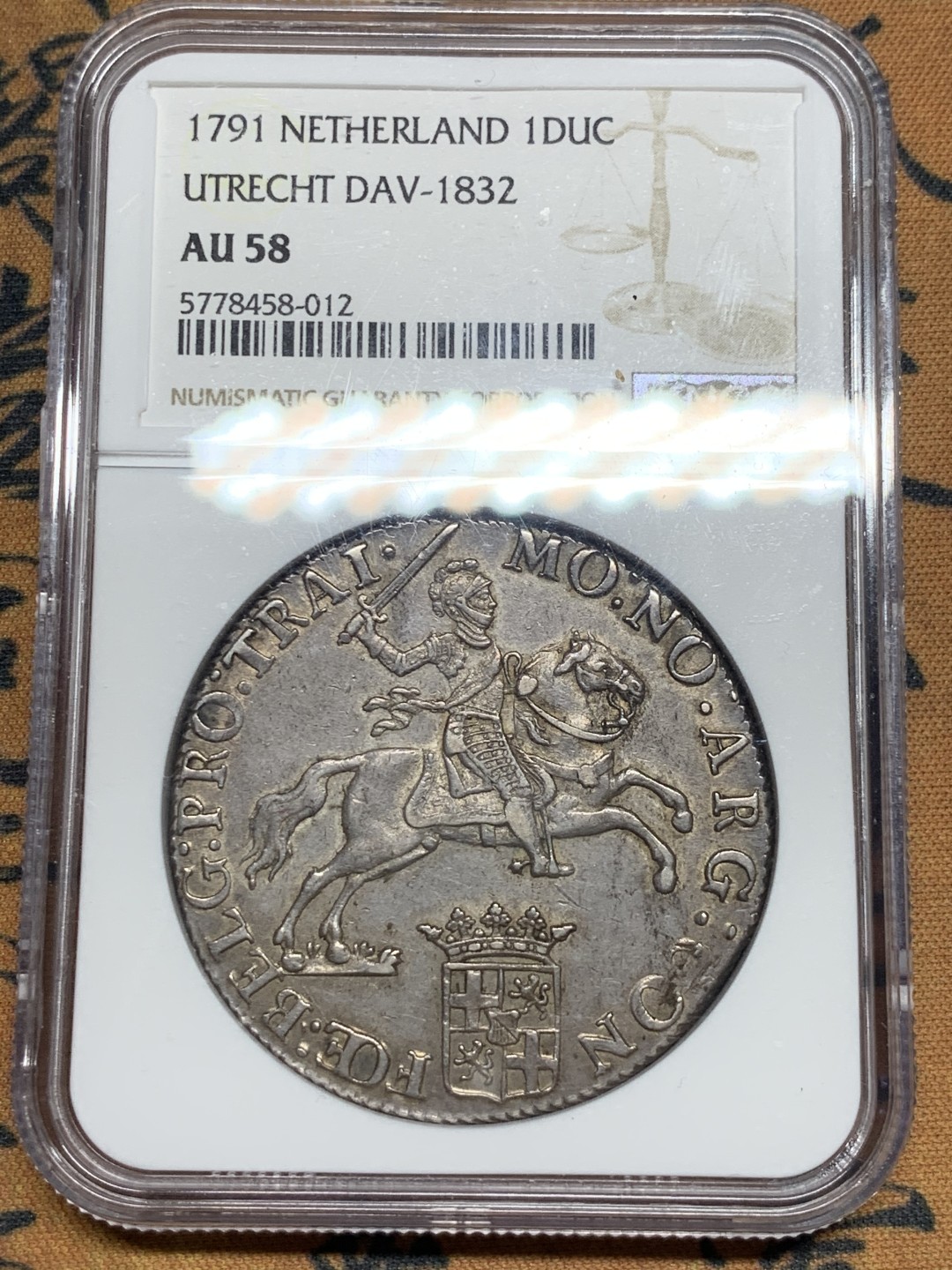 NGC-AU58 荷兰1791年马剑大银币 原汁原味细节出色 大热门品种 现在AU好包浆的裸币也基本8000+了