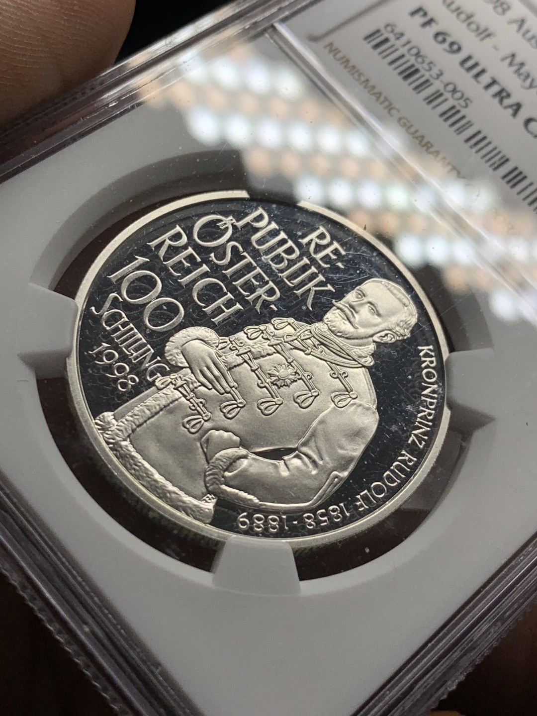 《竞宝斋》第51场-本周日，周一2场连拍（全场不限金额包邮） 1998年奥地利哈布斯堡匈牙利和波西米亚王储鲁道夫美尔林纪念精铸100先令NGC-PF69