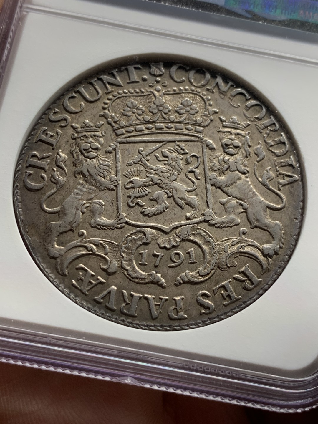 NGC-AU58 荷兰1791年马剑大银币 原汁原味细节出色 大热门品种 现在AU好包浆的裸币也基本8000+了