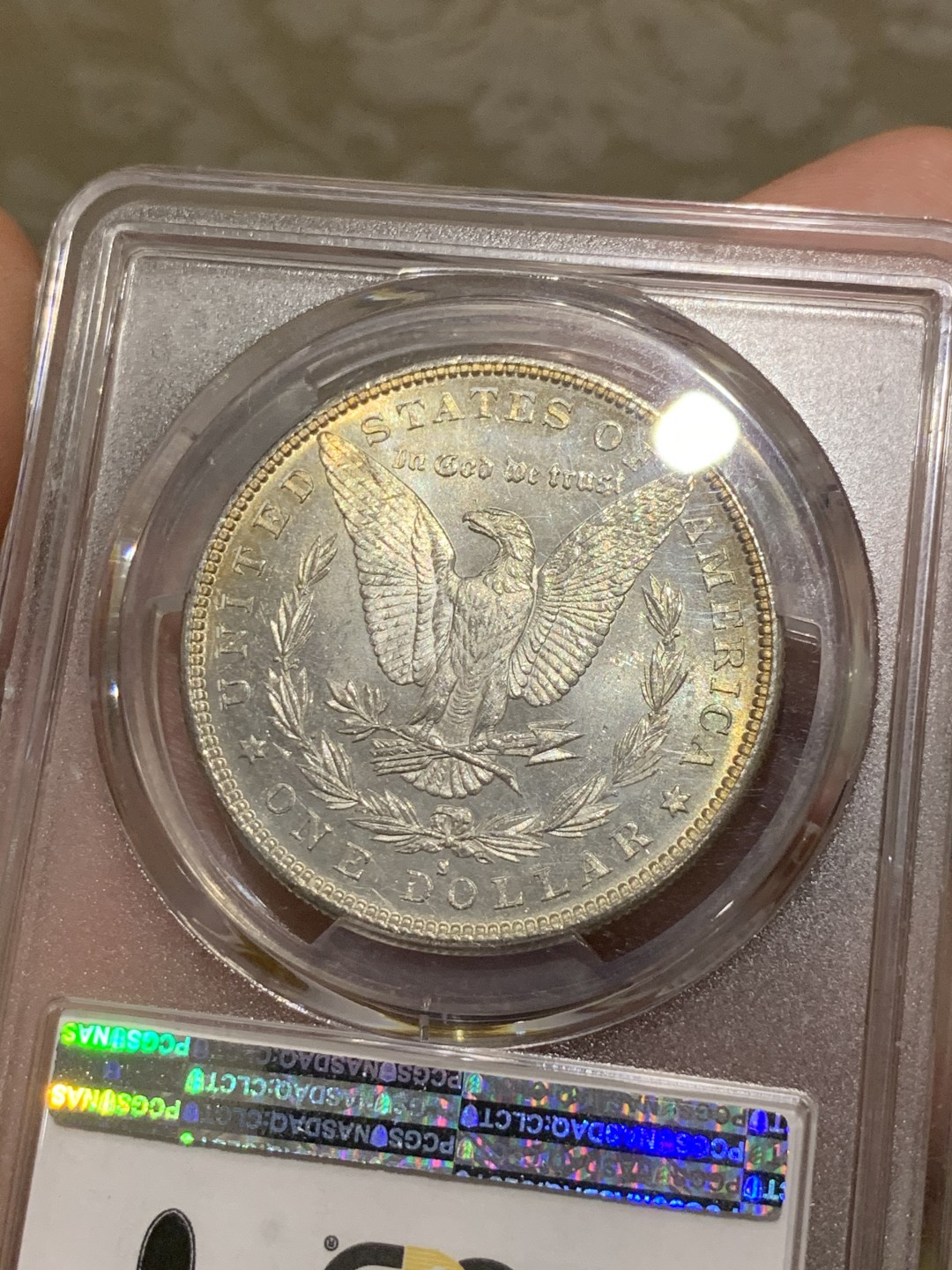 《竞宝斋》第51场-本周日，周一2场连拍（全场不限金额包邮） 淡彩PCGS-MS64 美国 1882年S版 1美元 摩根银币，PL的底板 状态难得