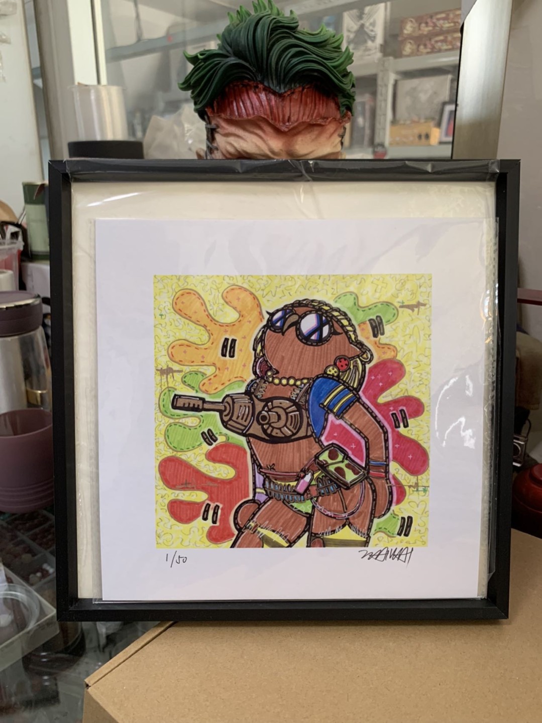 零元拍：歪歪亲笔签名 OWSON系列限量插画复制画《Dota cat》，尺寸约22/22厘米，拍品不含镜框