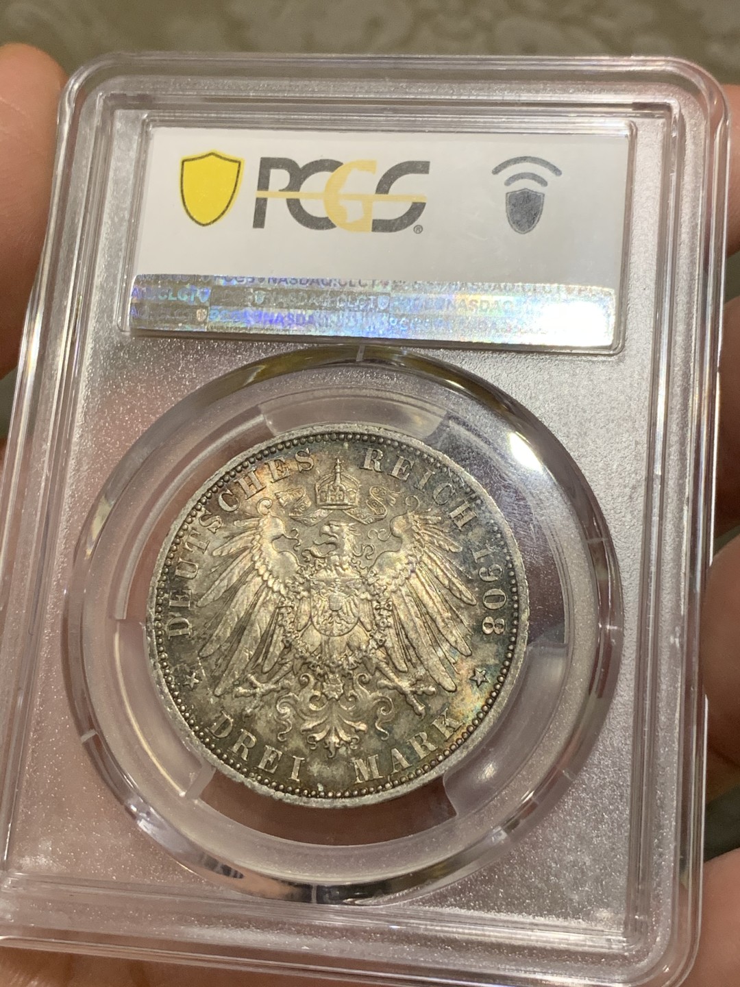 《竞宝斋》第51场-本周日，周一2场连拍（全场不限金额包邮） PCGS-MS64 德国 1908年 威廉二世3马克 银币 五彩，深五彩，双面五彩