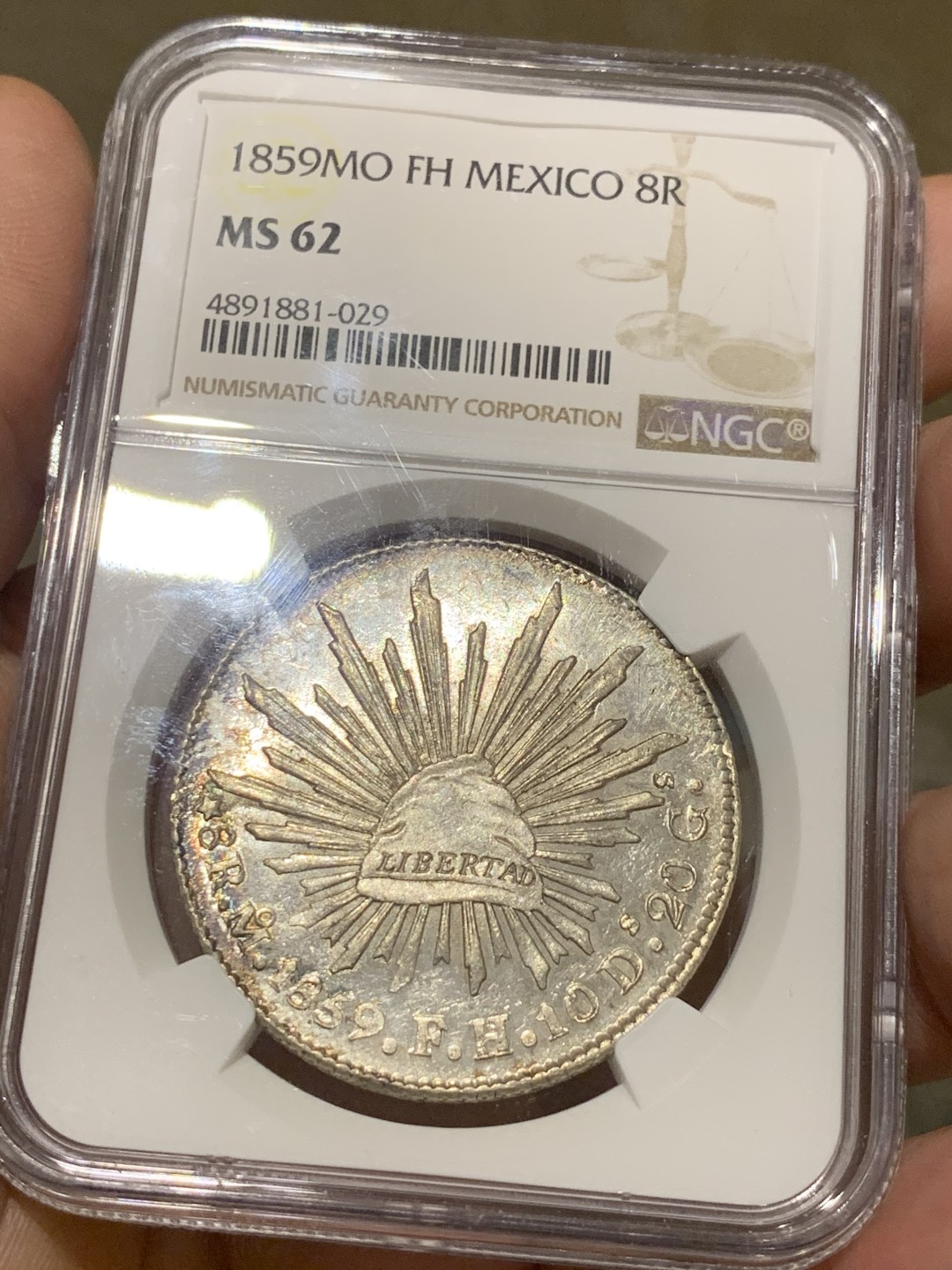 《竞宝斋》第51场-本周日，周一2场连拍（全场不限金额包邮） NGC-MS62  墨西哥花边鹰洋1859  8里亚尔  五彩高光  低评 中早期 一流状态 鹰面镜面  十分难得  