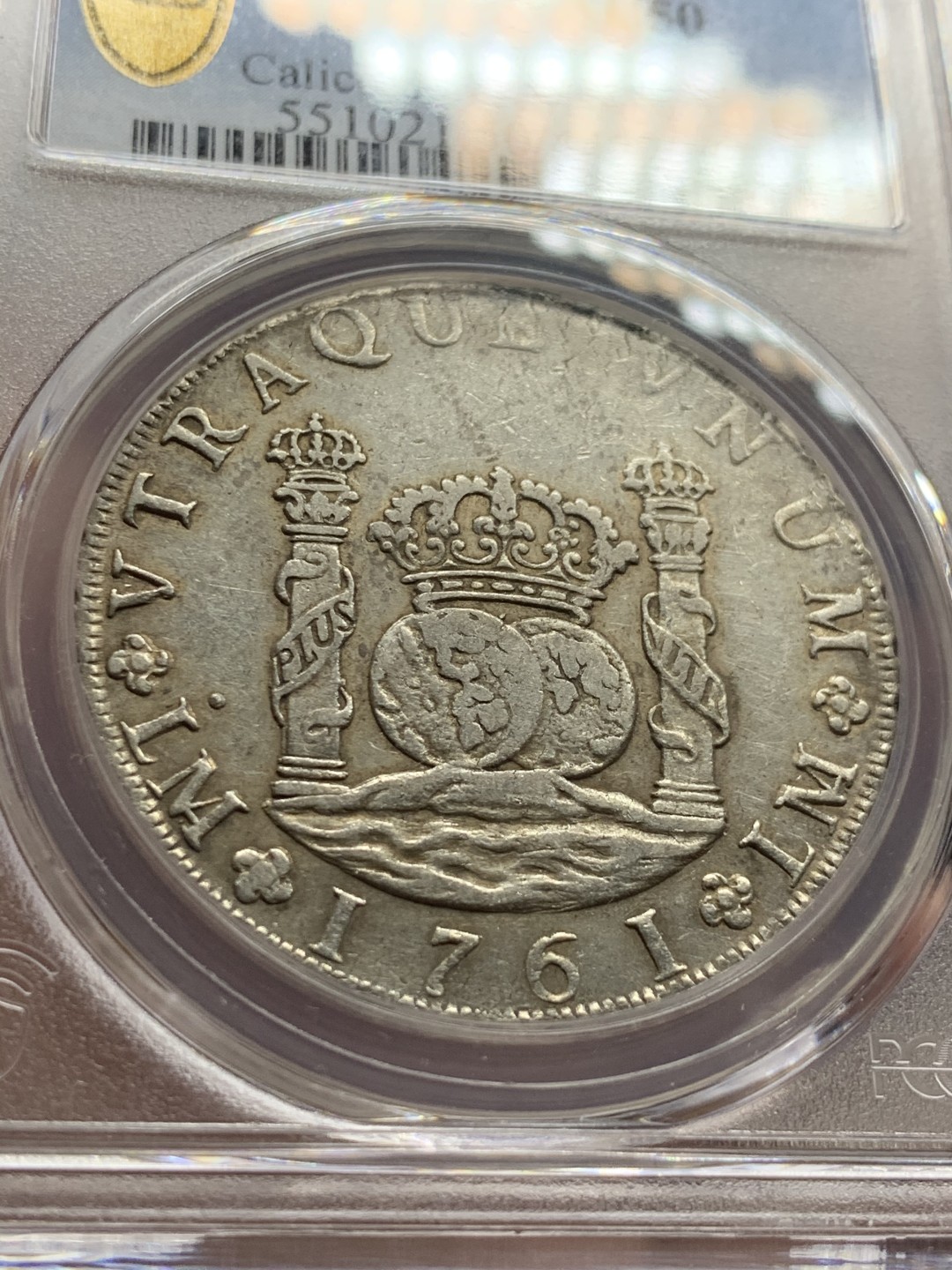 《竞宝斋》第51场-本周日，周一2场连拍（全场不限金额包邮） PCGS-AU50  秘鲁利马地球 1761  8 里亚尔   原味淡彩光   秘鲁少见 大热门  