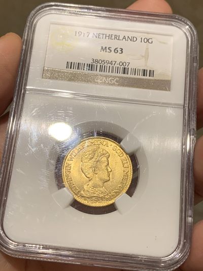 《竞宝斋》第51场-本周日，周一2场连拍（全场不限金额包邮） - NGC-MS63 荷兰 1917年 10盾 威廉敏娜女王 金币 6.72克，含金量90%