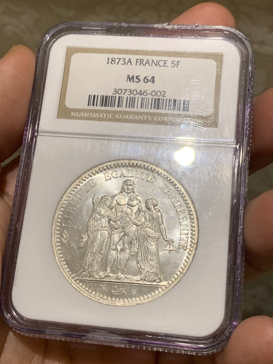 《竞宝斋》第51场-本周日，周一2场连拍（全场不限金额包邮） NGC-MS64 法国 1873年 大力神5法郎 银币 老盒严评 白净如霜