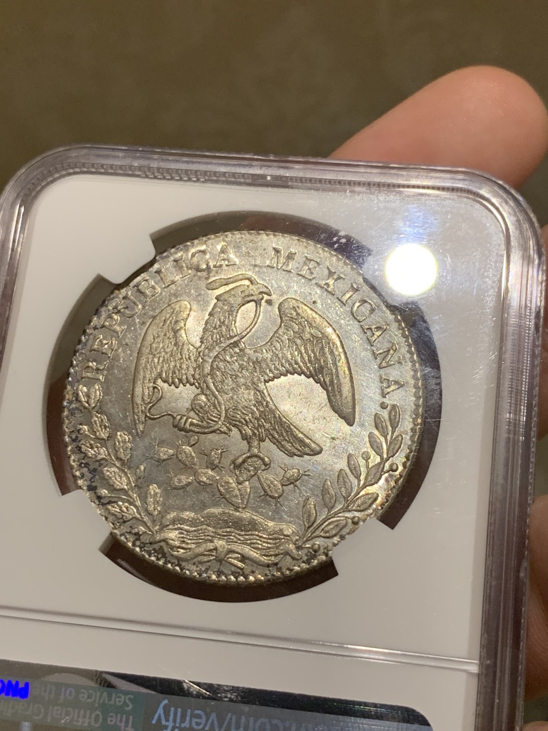 《竞宝斋》第51场-本周日，周一2场连拍（全场不限金额包邮） NGC-MS62  墨西哥花边鹰洋1859  8里亚尔  五彩高光  低评 中早期 一流状态 鹰面镜面  十分难得  