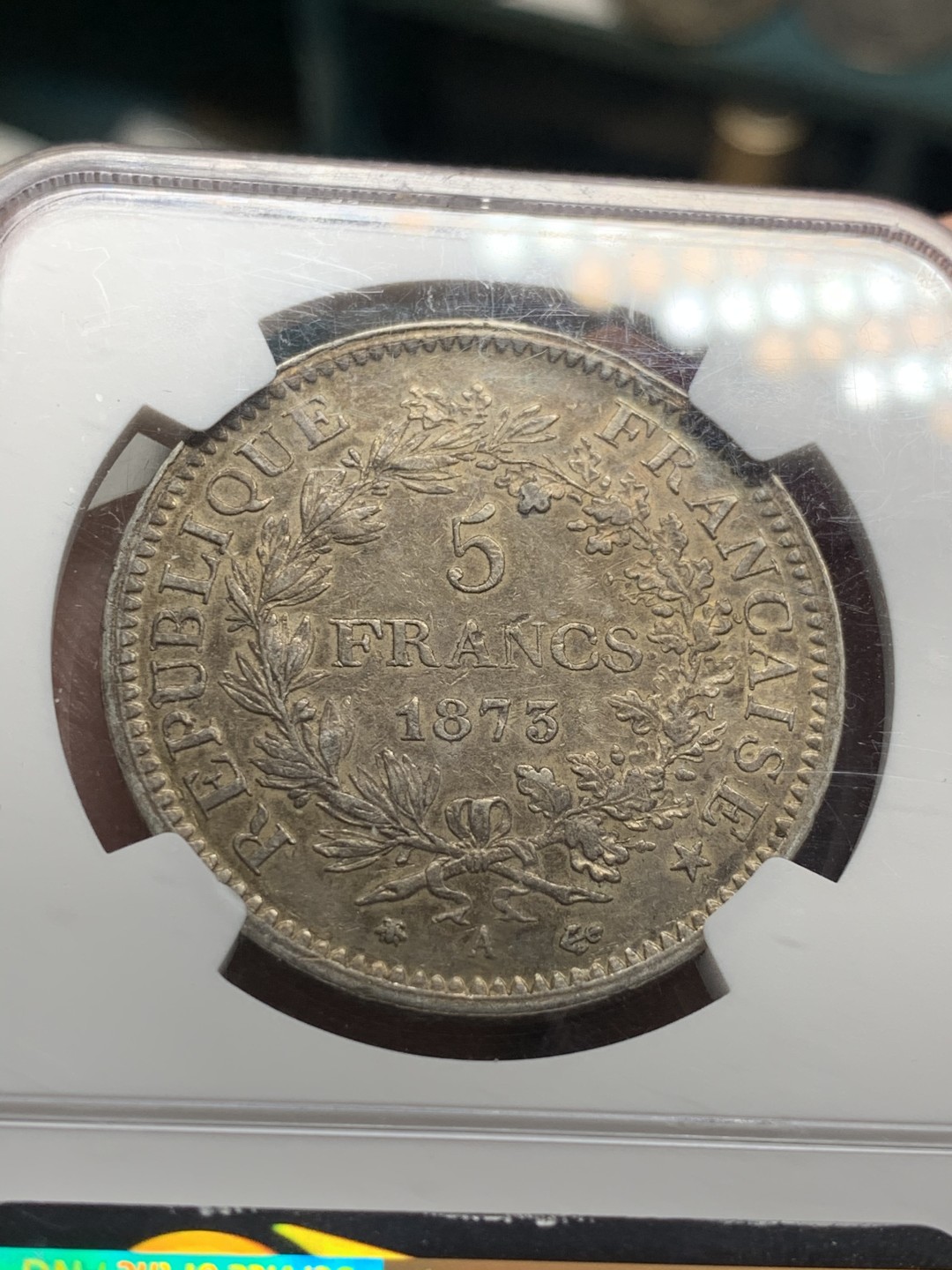 《竞宝斋》第51场-本周日，周一2场连拍（全场不限金额包邮） NGC AU58 法国 1873年 A版法国大力神银币 双面五彩 五彩斑斓 状态舒服