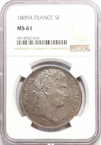 荐！1809A法国拿破仑桂冠5法郎大银NGC-MS61纸袋包浆亚军分数！