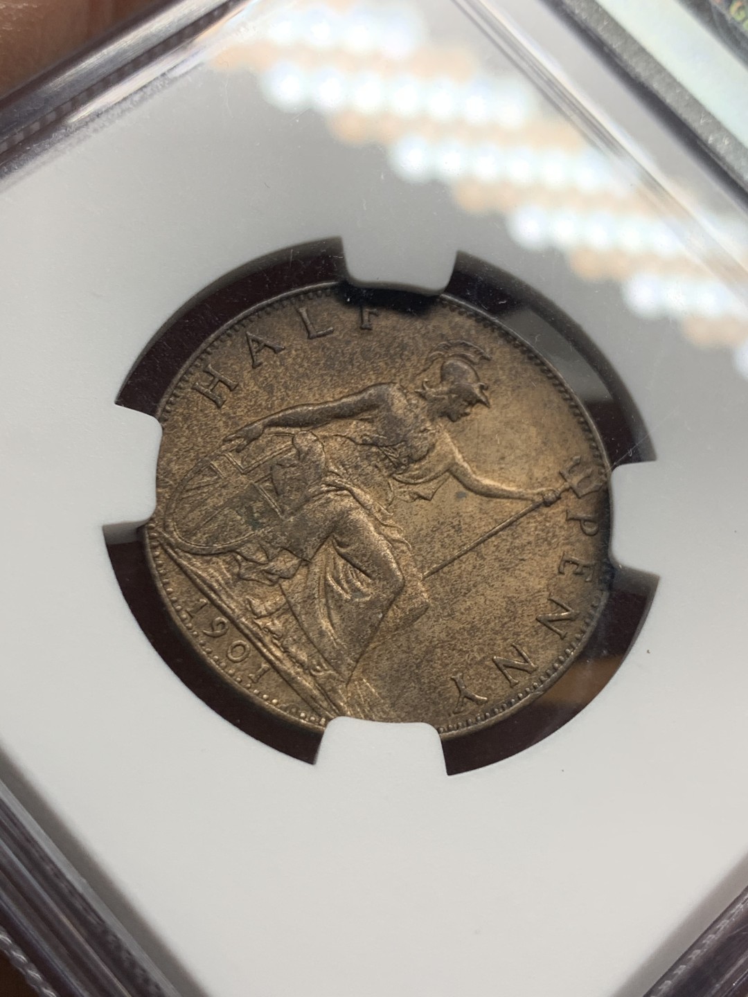 《竞宝斋》第51场-本周日，周一2场连拍（全场不限金额包邮） NGC MS63BN 1901 英国维多利亚1/2便士 铜币