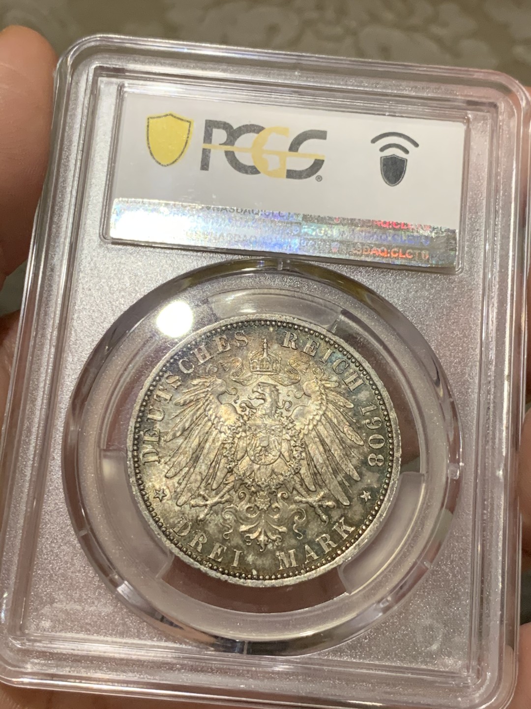 《竞宝斋》第51场-本周日，周一2场连拍（全场不限金额包邮） PCGS-MS64 德国 1908年 威廉二世3马克 银币 五彩，深五彩，双面五彩