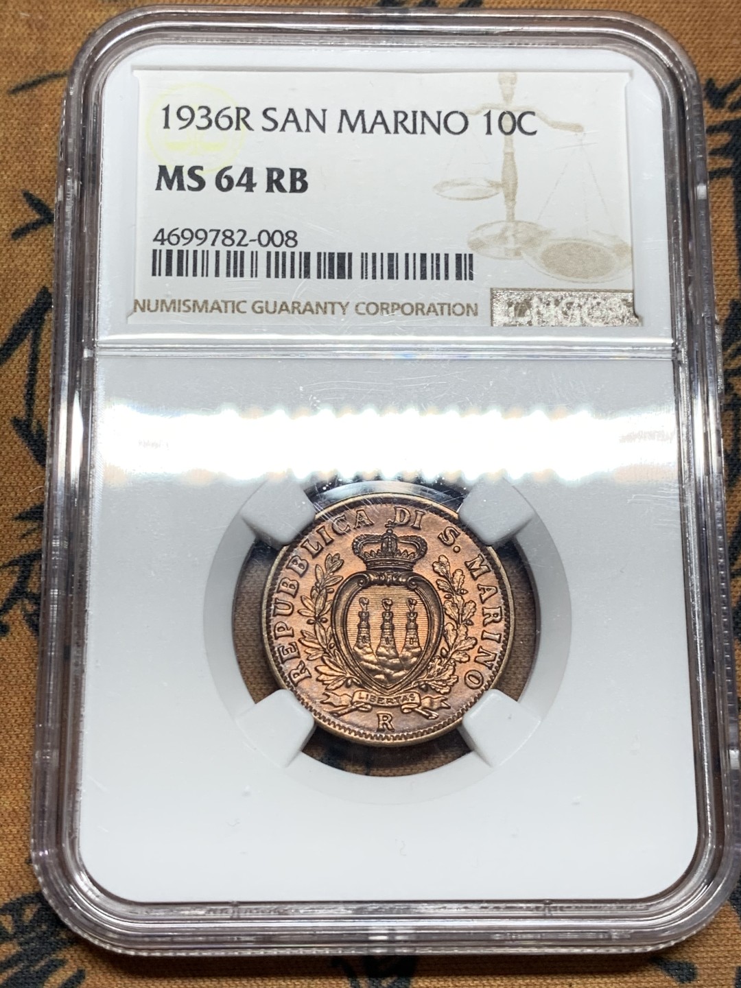 《竞宝斋》第51场-本周日，周一2场连拍（全场不限金额包邮） NGC MS64RB 1936 圣马力诺10分  铜币