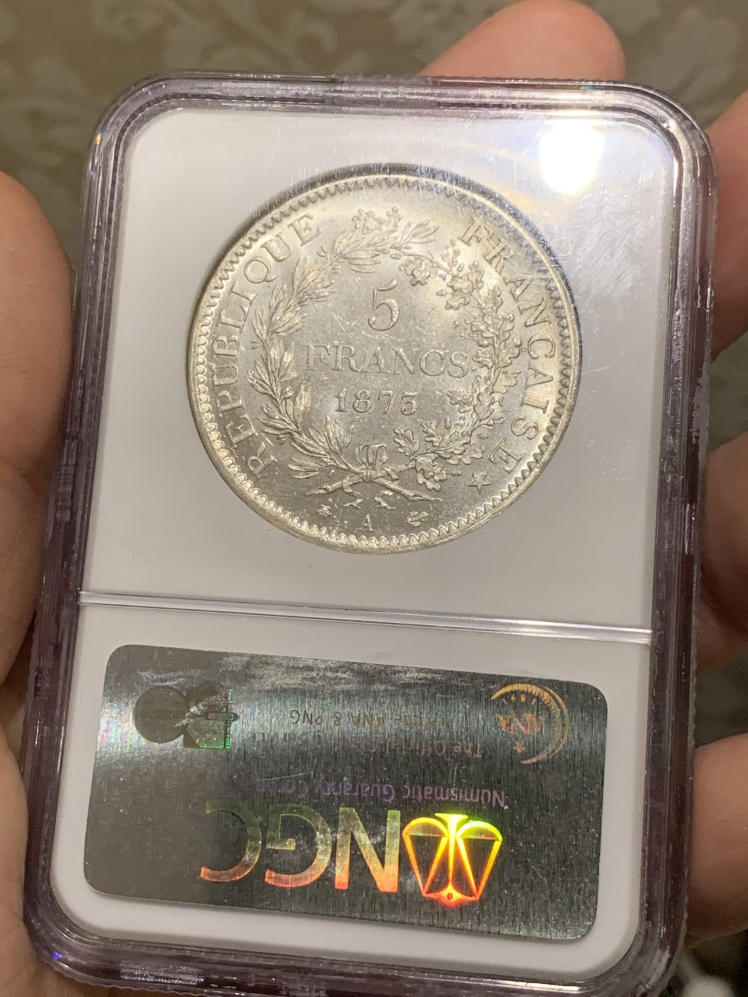 《竞宝斋》第51场-本周日，周一2场连拍（全场不限金额包邮） NGC-MS64 法国 1873年 大力神5法郎 银币 老盒严评 白净如霜