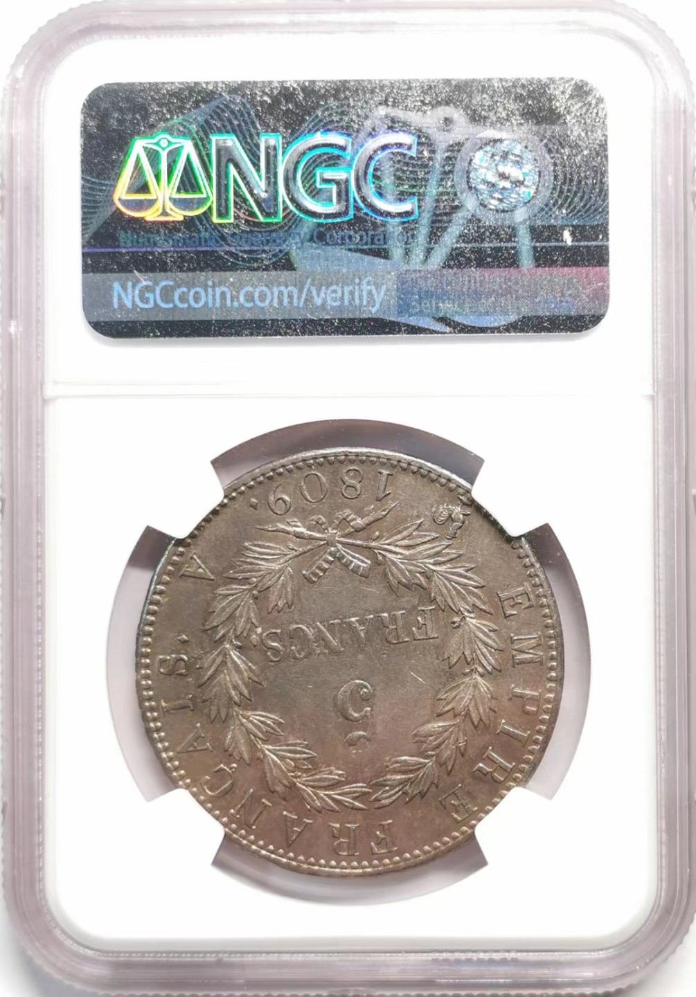 荐！1809A法国拿破仑桂冠5法郎大银NGC-MS61纸袋包浆亚军分数！