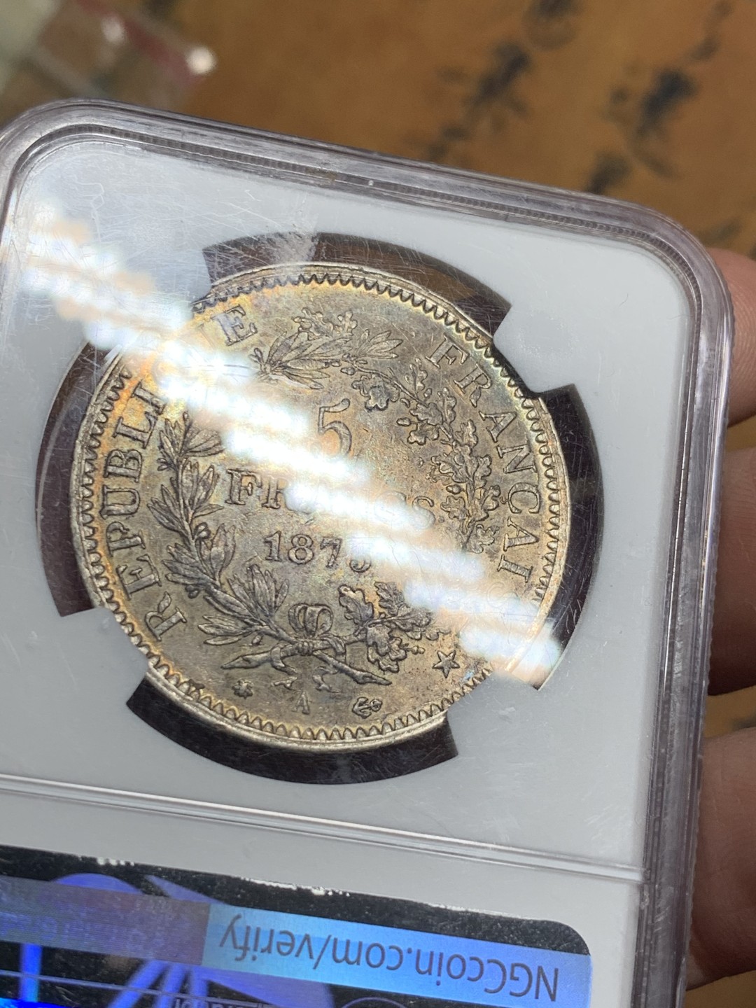 《竞宝斋》第51场-本周日，周一2场连拍（全场不限金额包邮） NGC AU58 法国 1873年 A版法国大力神银币 双面五彩 五彩斑斓 状态舒服