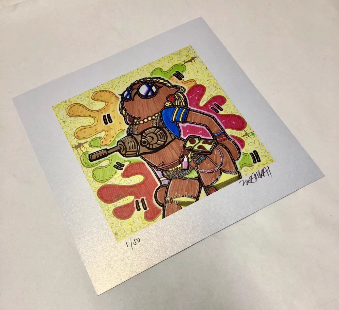 零元拍：歪歪亲笔签名 OWSON系列限量插画复制画《Dota cat》，尺寸约22/22厘米，拍品不含镜框