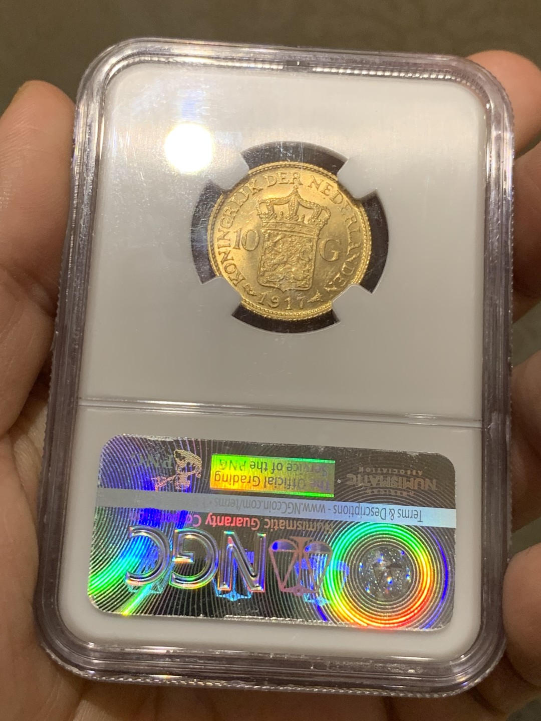 《竞宝斋》第51场-本周日，周一2场连拍（全场不限金额包邮） NGC-MS63 荷兰 1917年 10盾 威廉敏娜女王 金币 6.72克，含金量90%