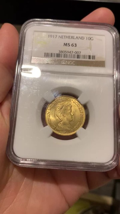 《竞宝斋》第51场-本周日，周一2场连拍（全场不限金额包邮） NGC-MS63 荷兰 1917年 10盾 威廉敏娜女王 金币 6.72克，含金量90%