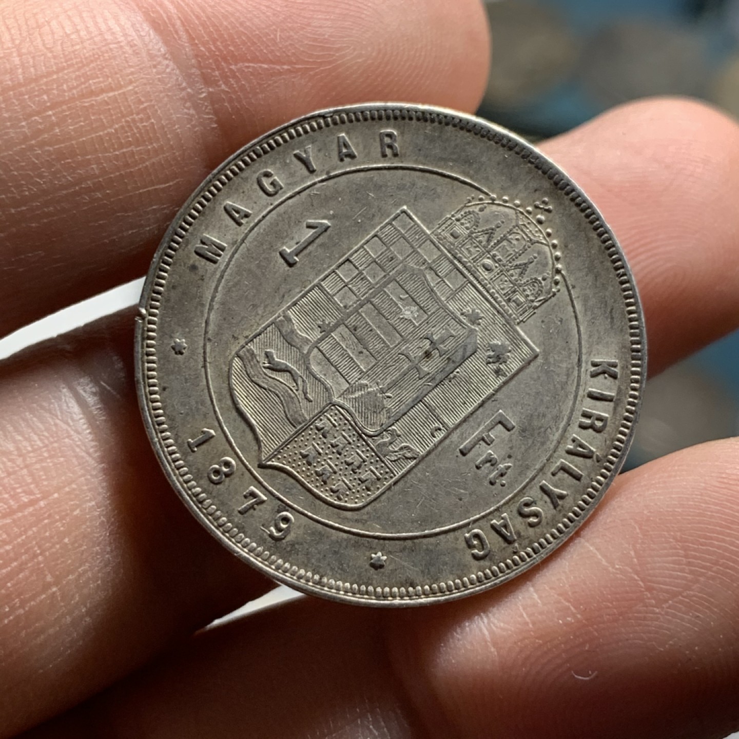 《竞宝斋》第51场-本周日，周一2场连拍（全场不限金额包邮） 匈牙利 1879年 佛朗茨约瑟夫一世 1福林 银币 好品带光没下水 可送评