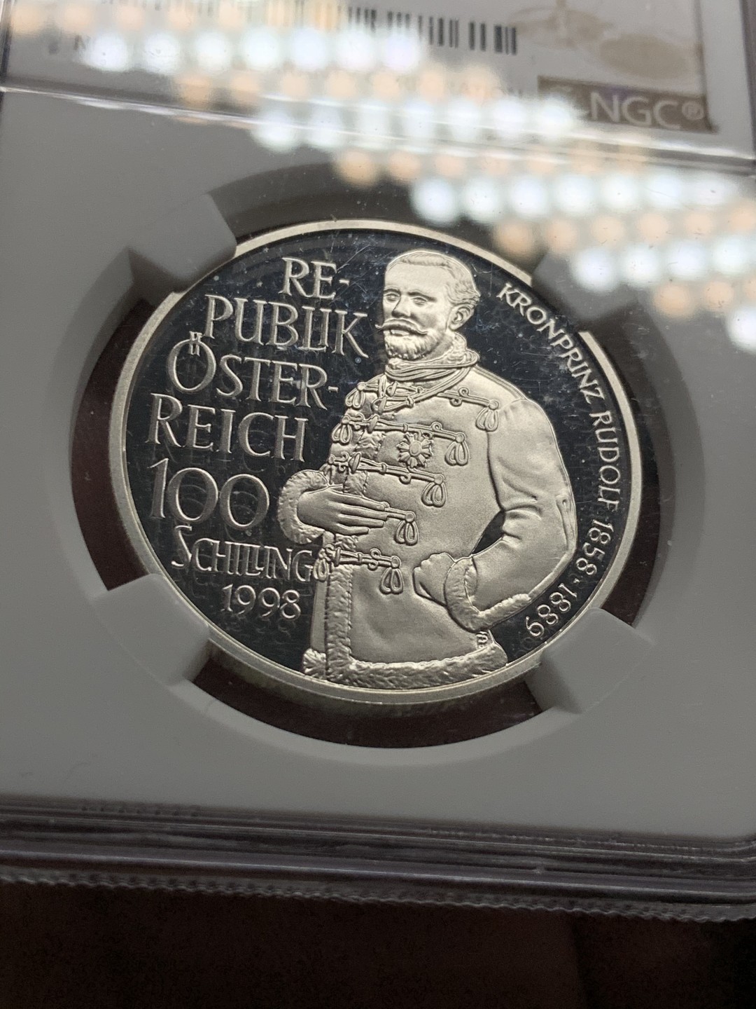 《竞宝斋》第51场-本周日，周一2场连拍（全场不限金额包邮） 1998年奥地利哈布斯堡匈牙利和波西米亚王储鲁道夫美尔林纪念精铸100先令NGC-PF69