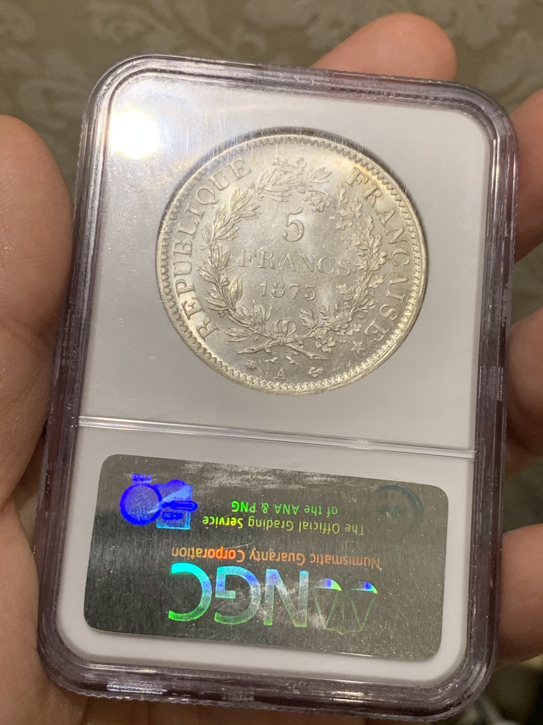 《竞宝斋》第51场-本周日，周一2场连拍（全场不限金额包邮） NGC-MS64 法国 1873年 大力神5法郎 银币 老盒严评 白净如霜