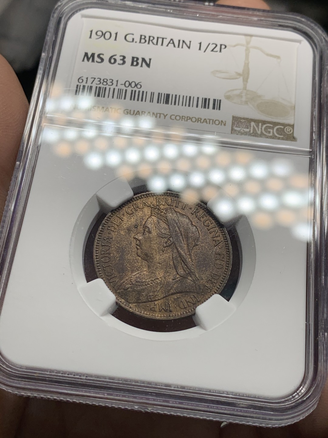 《竞宝斋》第51场-本周日，周一2场连拍（全场不限金额包邮） NGC MS63BN 1901 英国维多利亚1/2便士 铜币