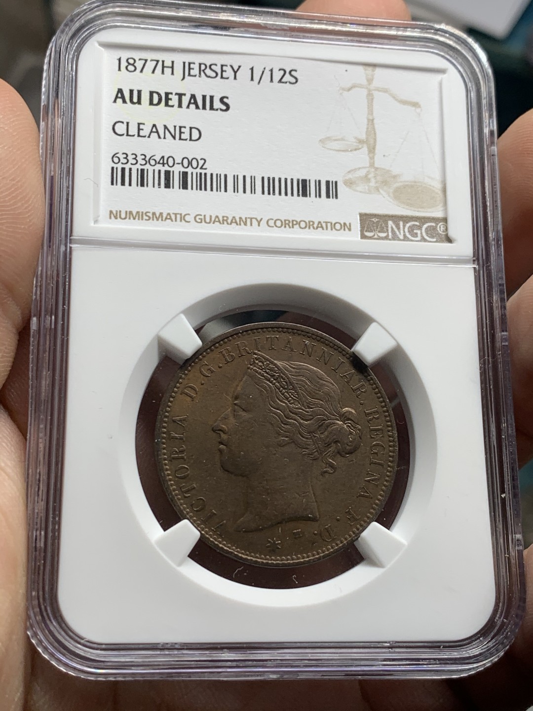 《竞宝斋》第51场-本周日，周一2场连拍（全场不限金额包邮） NGC AUD 1877 泽西1/12先令 铜币  