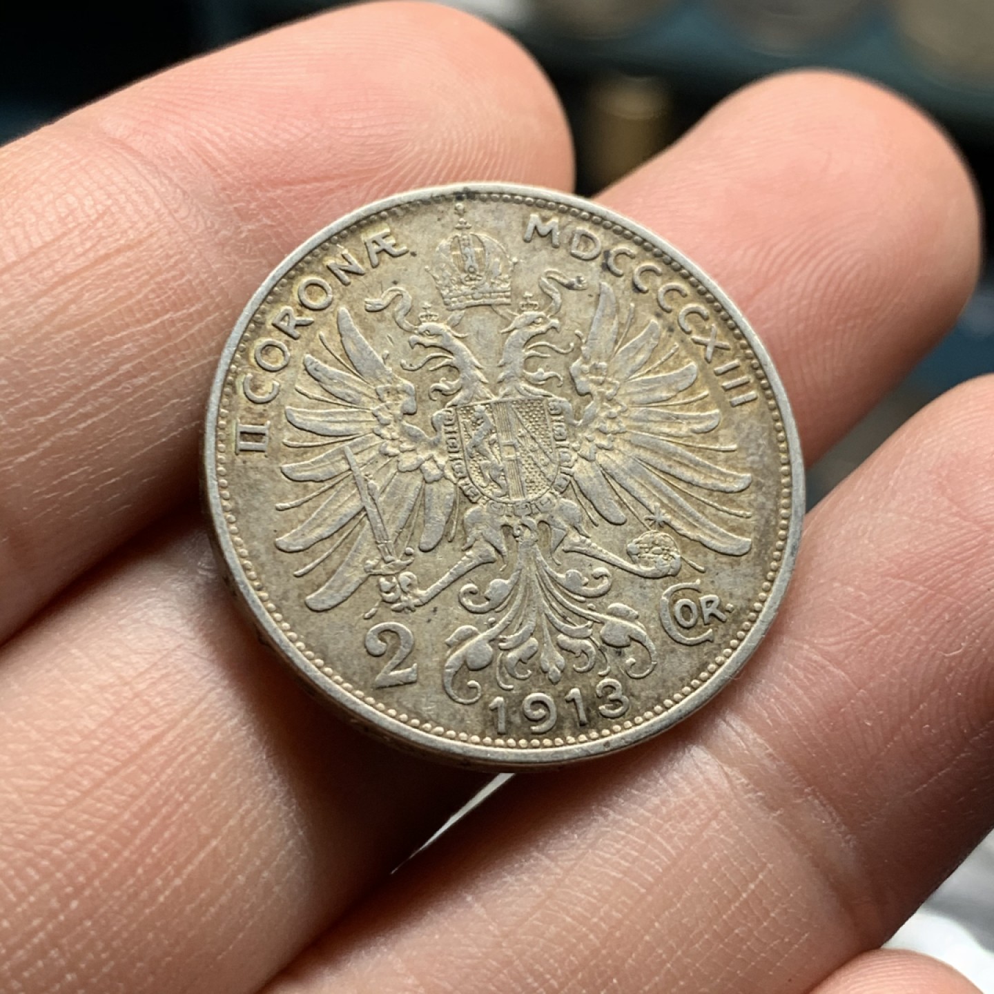 《竞宝斋》第51场-本周日，周一2场连拍（全场不限金额包邮） 奥地利 1913年 佛朗茨约瑟夫一世 2克朗 带光银币 老包浆