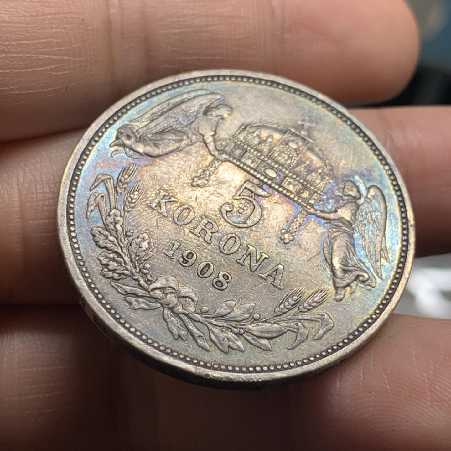 《竞宝斋》第51场-本周日，周一2场连拍（全场不限金额包邮） 匈牙利1908年天使5克朗大银币 五彩老包浆细节清晰 算是中上品了