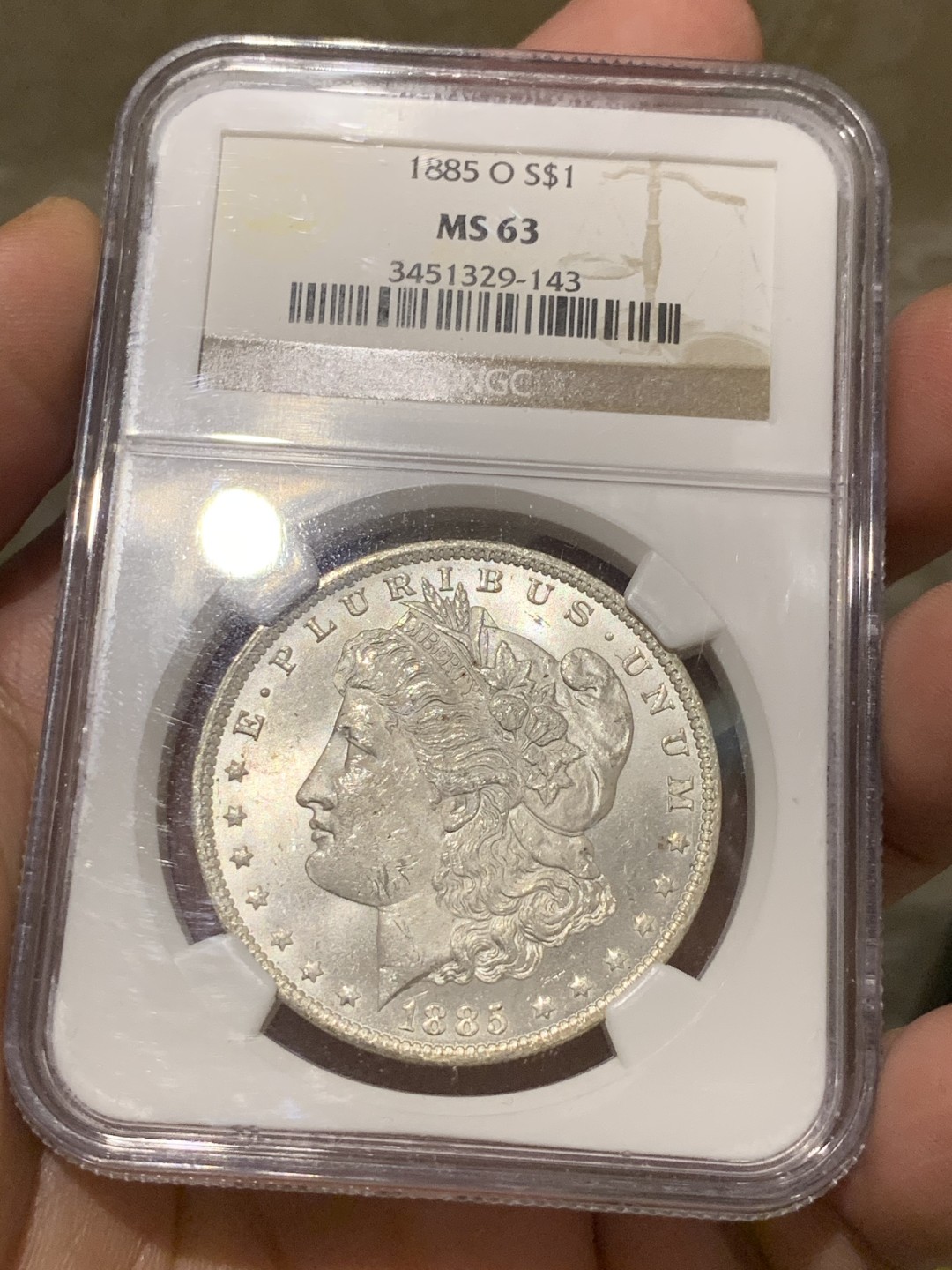 《竞宝斋》第51场-本周日，周一2场连拍（全场不限金额包邮） NGC-MS63 美国 1885年O版 1美元 摩根银币，NGC老盒，品相不错