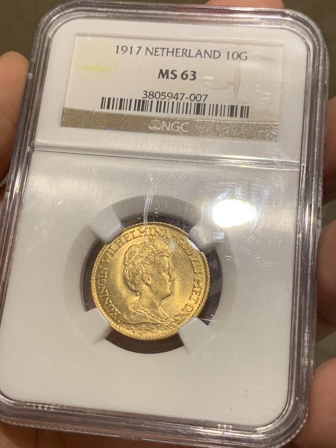 《竞宝斋》第51场-本周日，周一2场连拍（全场不限金额包邮） NGC-MS63 荷兰 1917年 10盾 威廉敏娜女王 金币 6.72克，含金量90%