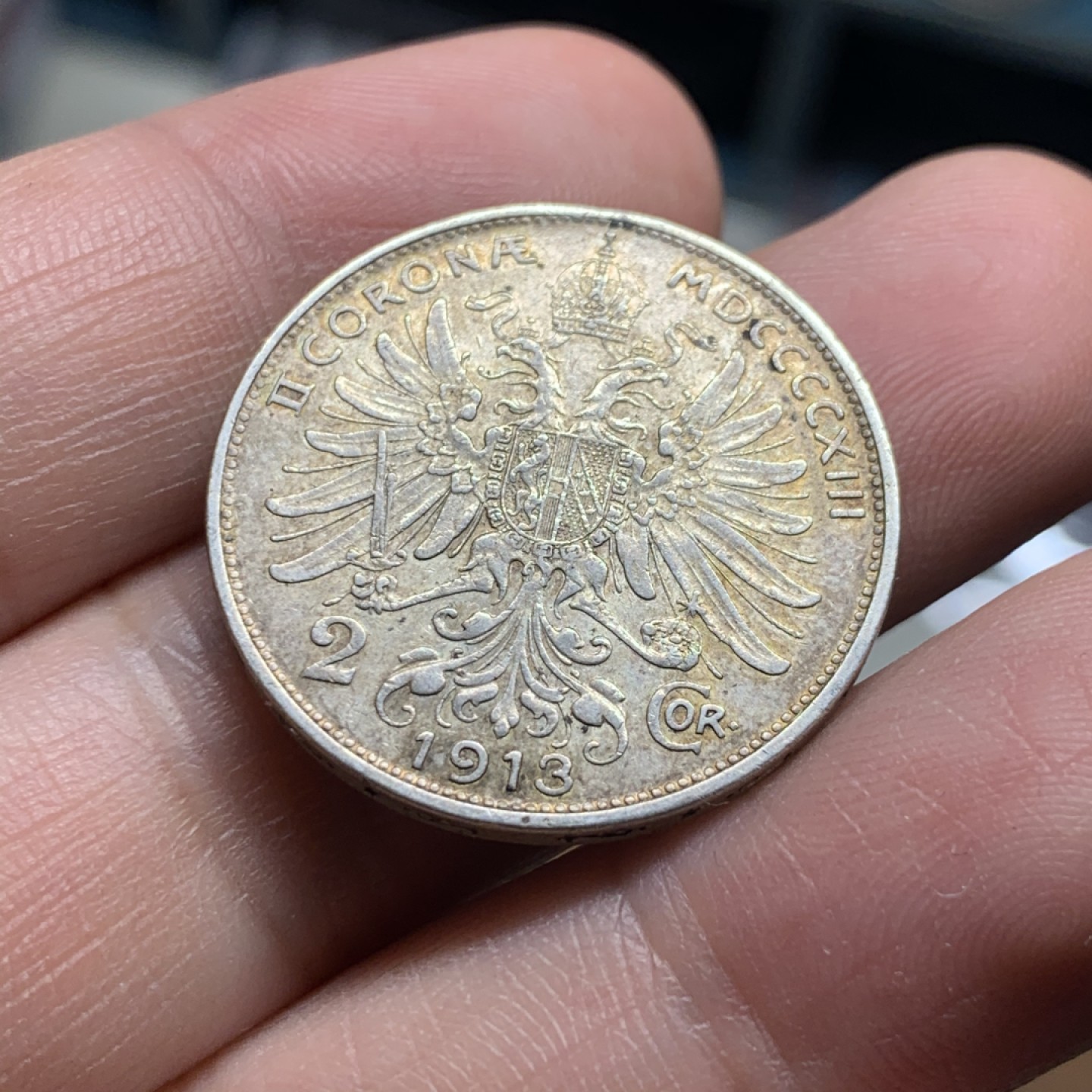 《竞宝斋》第51场-本周日，周一2场连拍（全场不限金额包邮） 奥地利 1913年 佛朗茨约瑟夫一世 2克朗 带光银币 老包浆