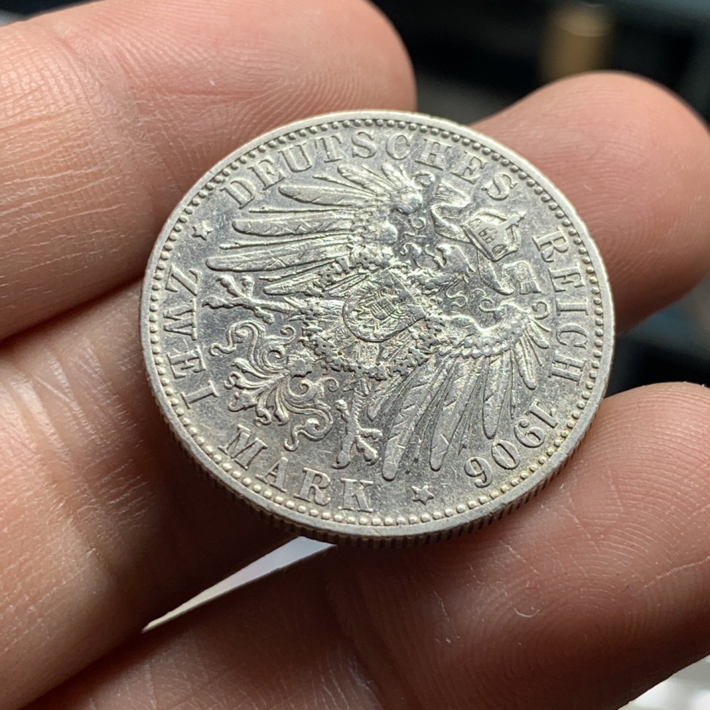 《竞宝斋》第51场-本周日，周一2场连拍（全场不限金额包邮） 德国符腾堡 1906年 威廉二世大胡子 2马克 银币 带光好品 少见