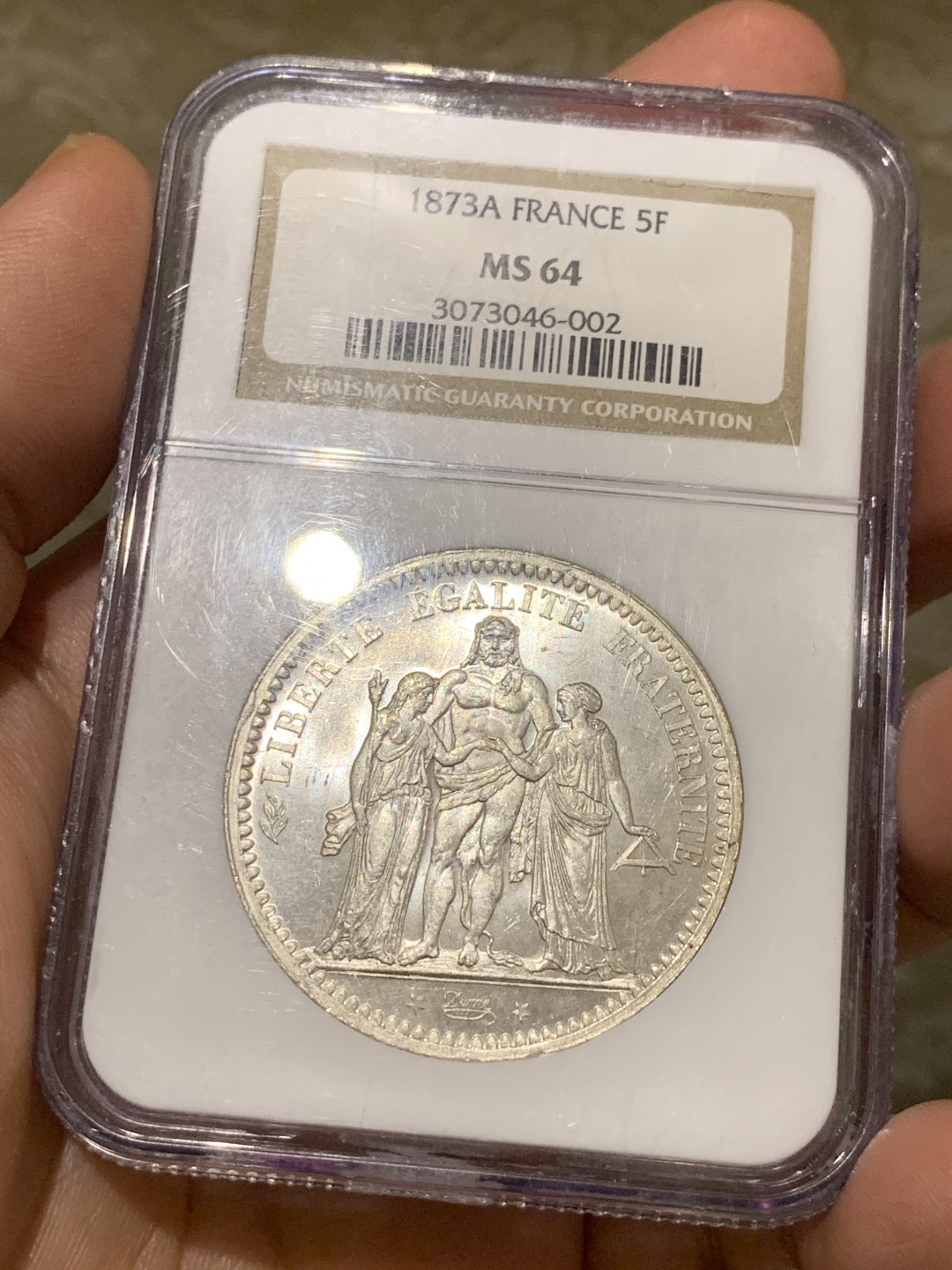 《竞宝斋》第51场-本周日，周一2场连拍（全场不限金额包邮） NGC-MS64 法国 1873年 大力神5法郎 银币 老盒严评 白净如霜