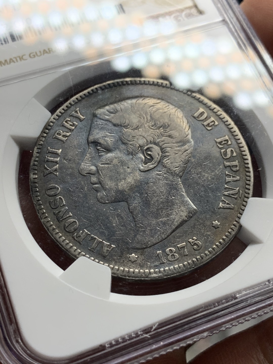 《竞宝斋》第51场-本周日，周一2场连拍（全场不限金额包邮） 1875年西班牙阿方索十二世5比塞塔银币NGC-XF DETAILS