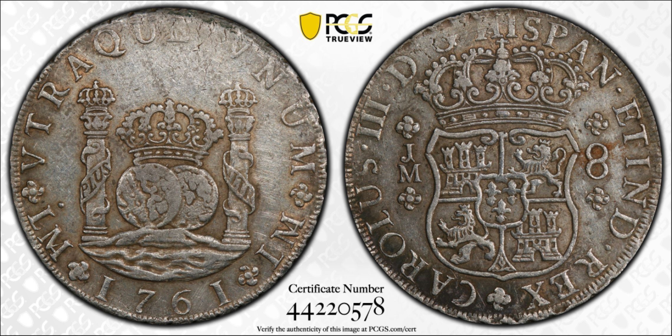 《竞宝斋》第51场-本周日，周一2场连拍（全场不限金额包邮） PCGS-AU50  秘鲁利马地球 1761  8 里亚尔   原味淡彩光   秘鲁少见 大热门  