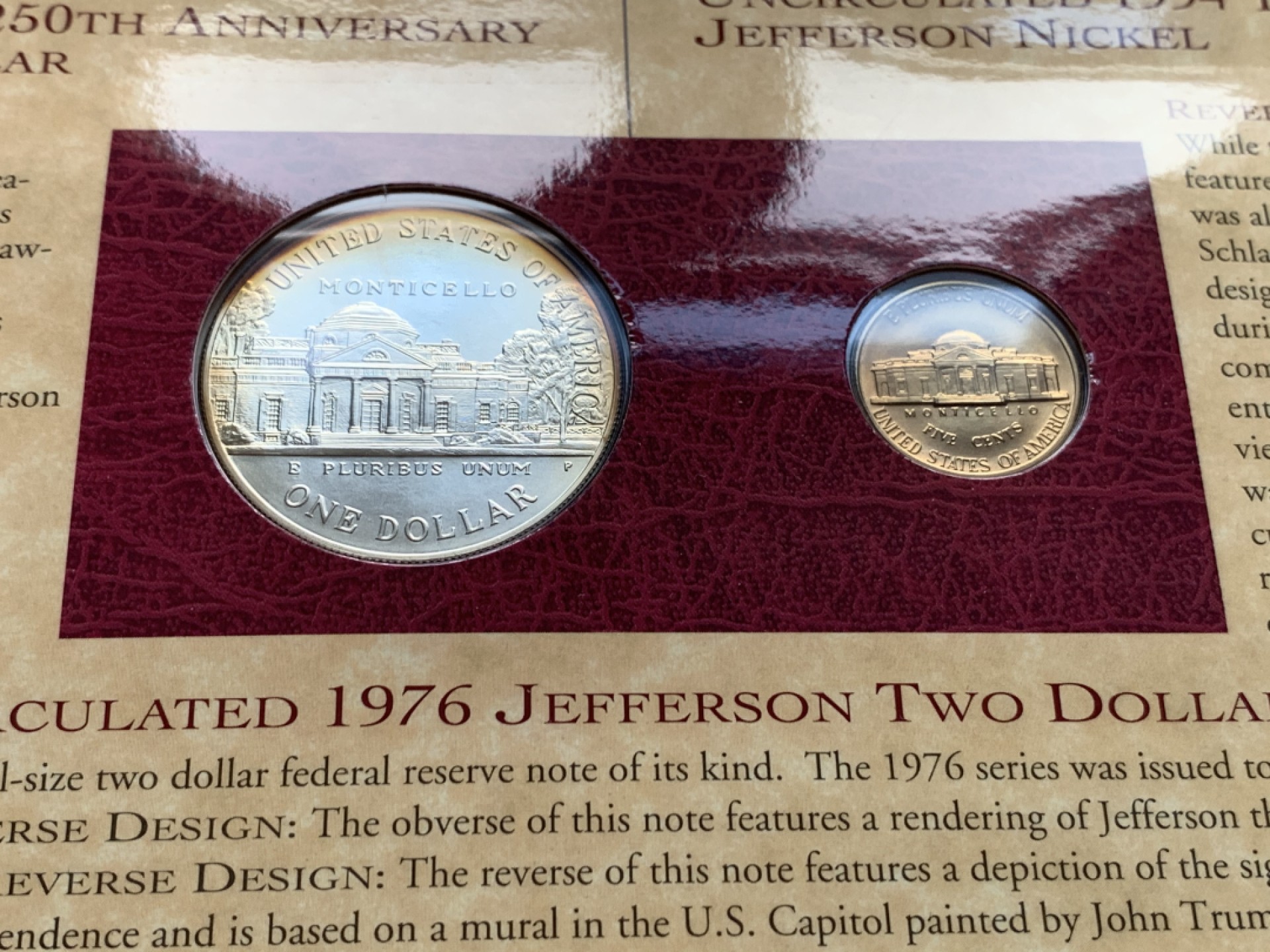 《竞宝斋》第52场-本周日，周一2场连拍（全场不限金额包邮） 卡装 美国1993/94年 杰克逊 1元，25分 和全新1976年2美元纸币一张 罕见