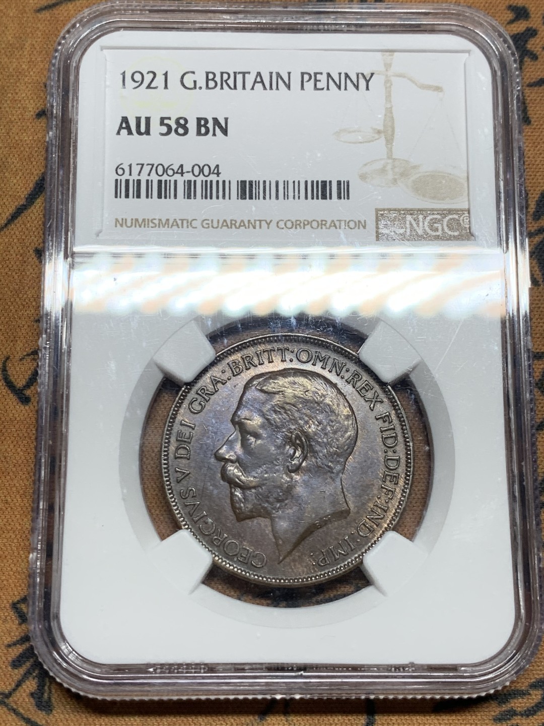 《竞宝斋》第52场-本周日，周一2场连拍（全场不限金额包邮） 英国1921年乔治五世大头版一便士铜币 NGC AU58 BN 巧克力包浆