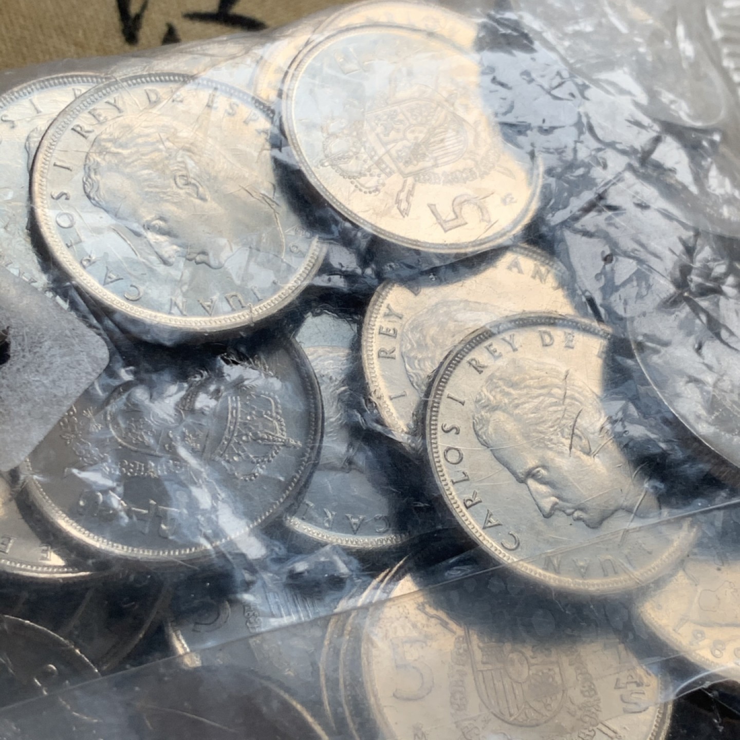 《竞宝斋》第52场-本周日，周一2场连拍（全场不限金额包邮） 原袋封装 1989年 胡安卡洛斯 5比塞塔 镍币 100枚包装