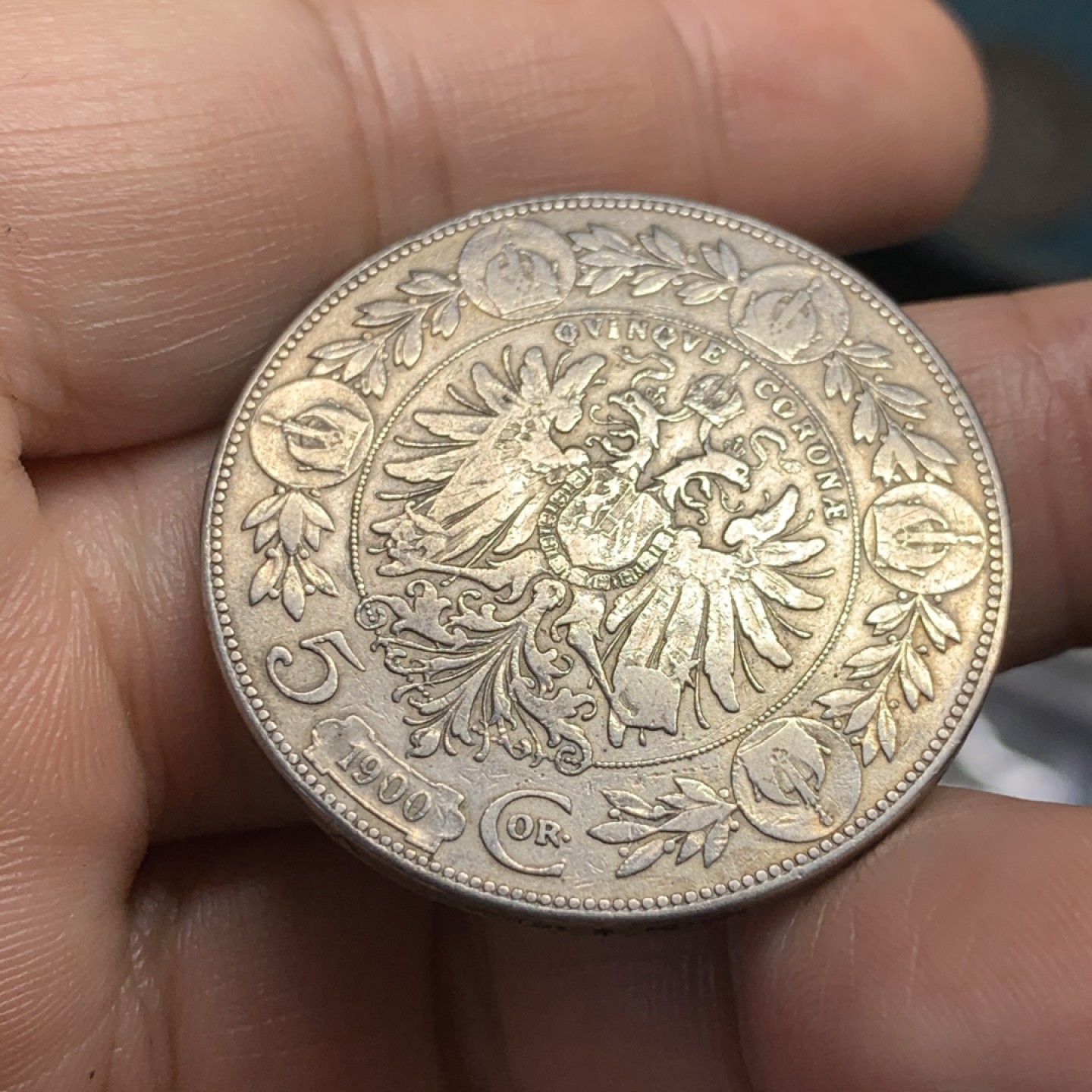 《竞宝斋》第52场-本周日，周一2场连拍（全场不限金额包邮） 1900年奥地利银币、弗朗茨·约瑟夫一世、5克朗、主币