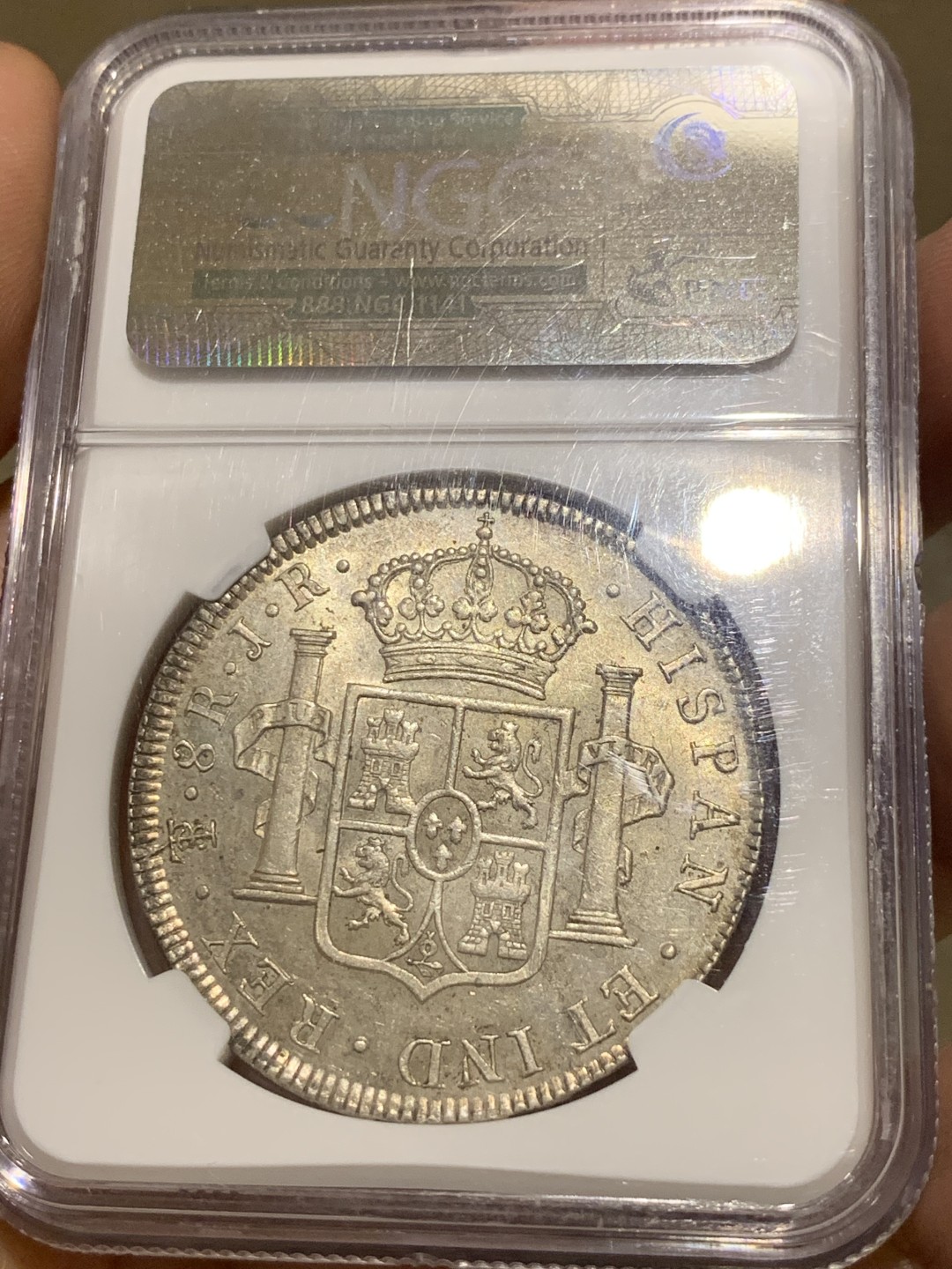 《竞宝斋》第52场-本周日，周一2场连拍（全场不限金额包邮） NGC AU58 原味深打 玻利维亚 1773年 卡三 双柱 大银币 满眼的肌肉感 背面PL感十足 值得收藏