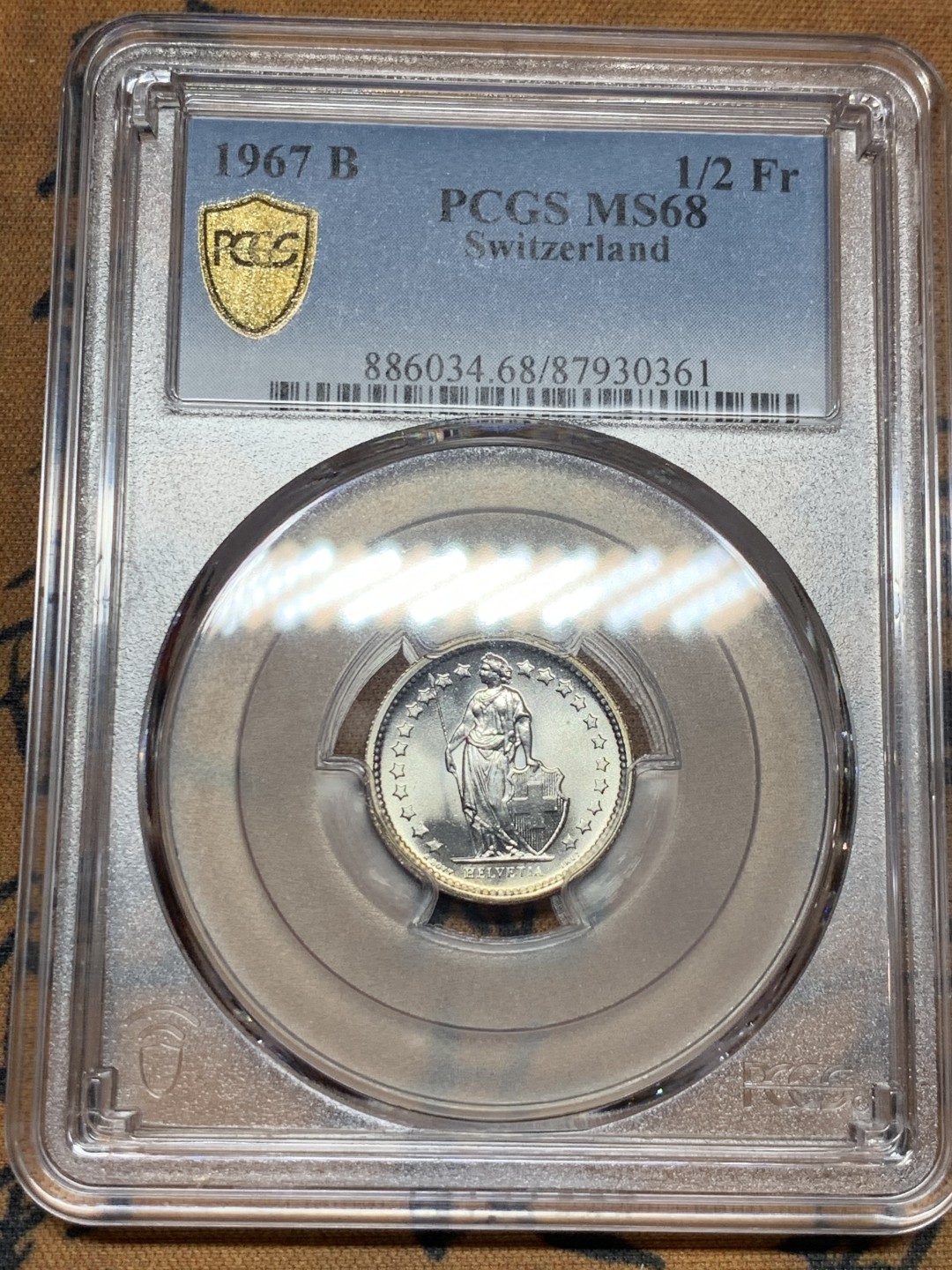 《竞宝斋》第52场-本周日，周一2场连拍（全场不限金额包邮） PCGS-MS68 1967B 瑞士1/2法郎银币 68分可谓近现代机制银币的极品