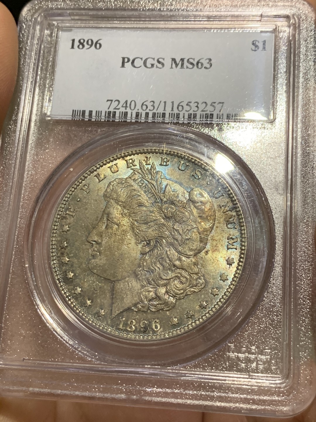 《竞宝斋》第52场-本周日，周一2场连拍（全场不限金额包邮） PCGS MS63美国1896年摩根银币  老盒严评 五彩包浆