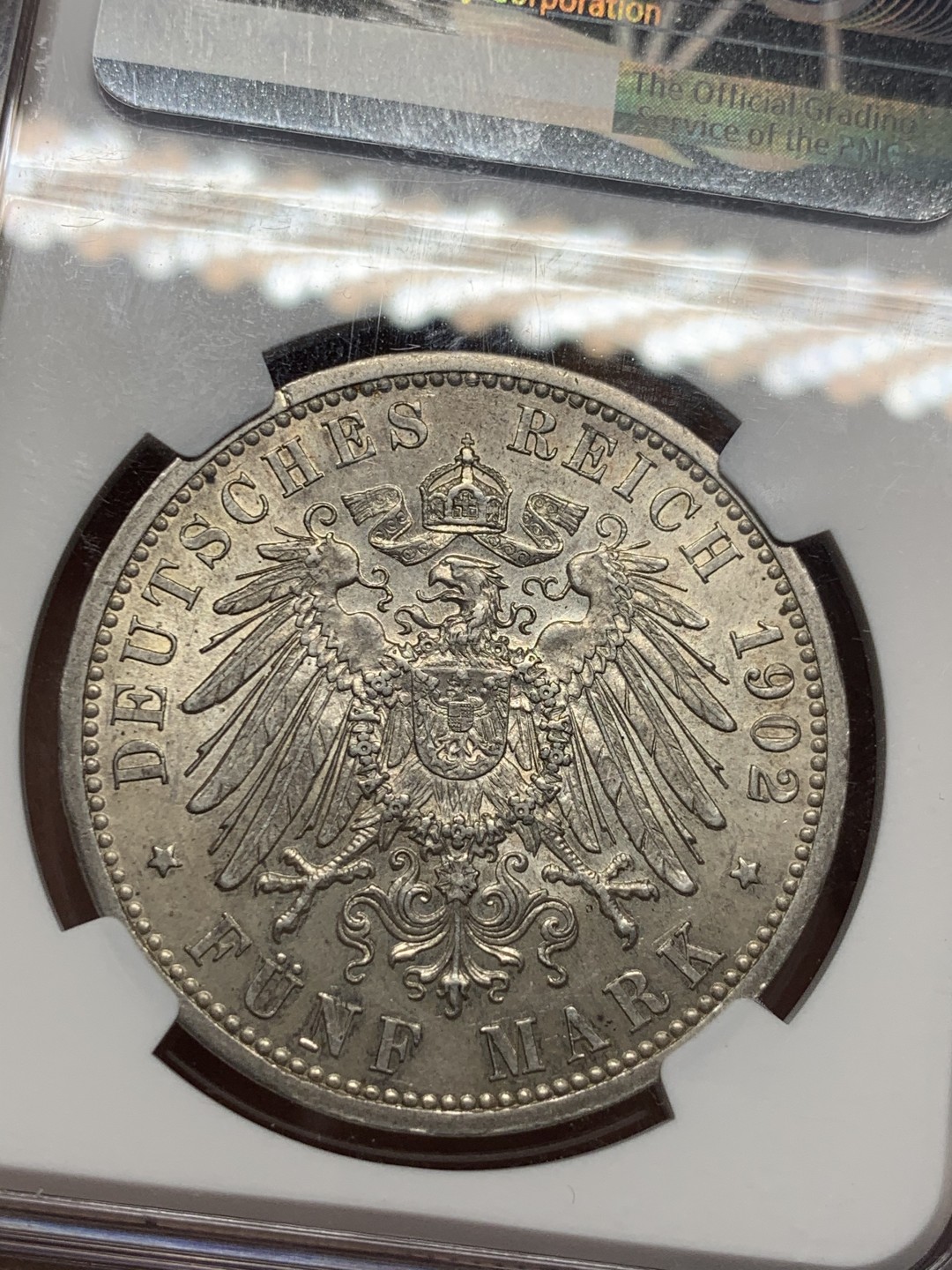 《竞宝斋》第52场-本周日，周一2场连拍（全场不限金额包邮） NGC MS63 德国 1902年  巴登 登基50周年 5马克 大银币 原味好状态