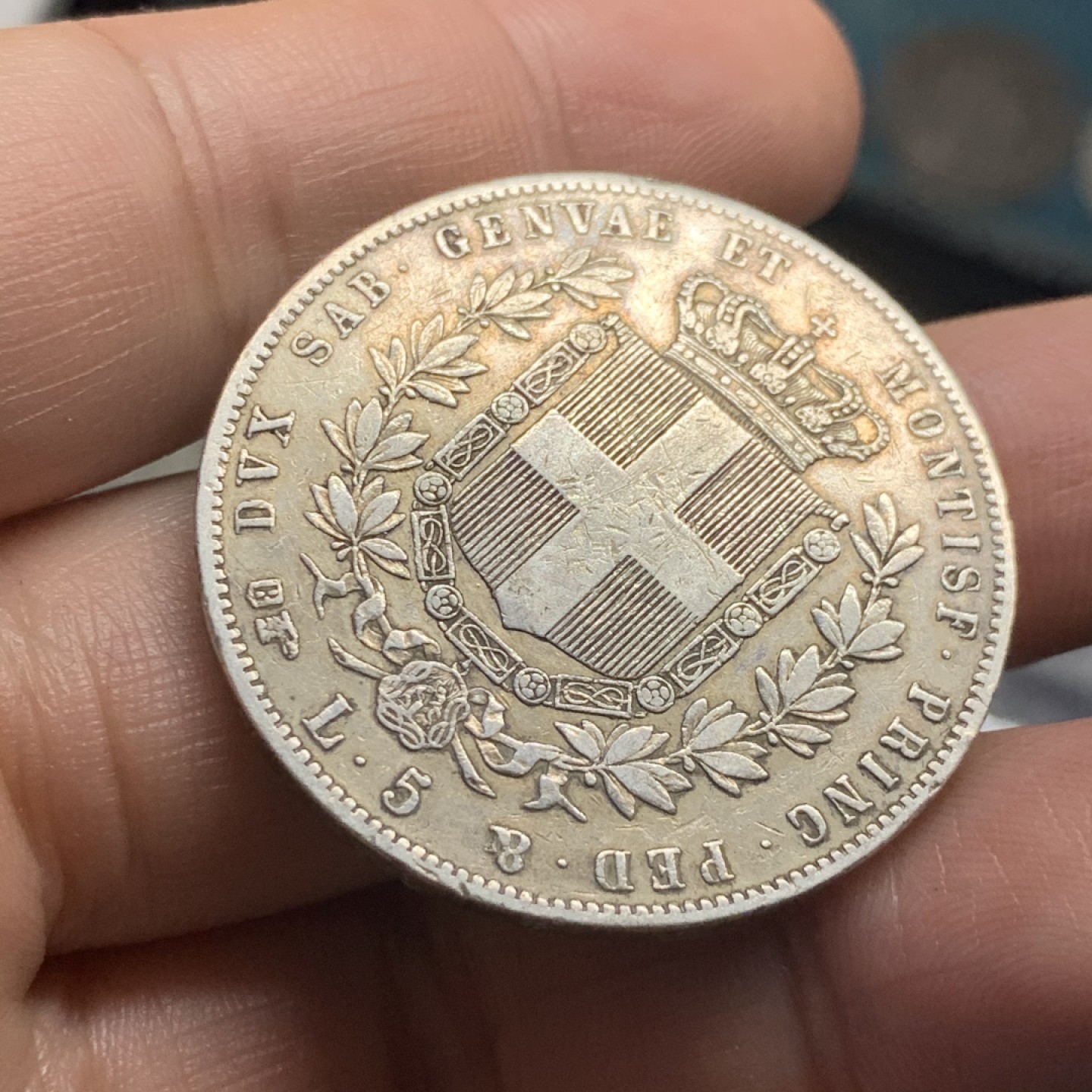 《竞宝斋》第52场-本周日，周一2场连拍（全场不限金额包邮） 意大利 1860年 撒丁岛 5里拉 大银币 少见品种